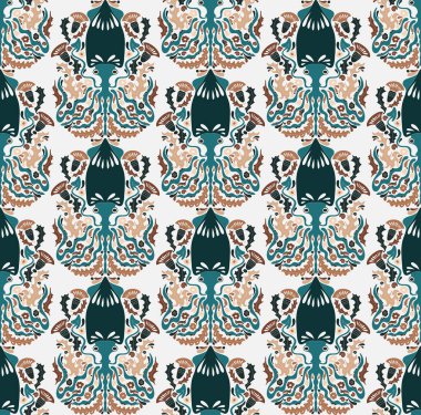 Dekoratif mürekkep balığı desenli, biçimlendirilmiş süs tasarımı. Zarif çizgiler, desenli detaylar ve deniz teması tekstil, duvar kâğıdı ve ambalaj için muhteşem bir retro tarzı oluşturur.