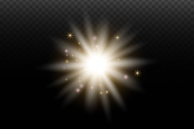 İşaret fişeği ve şeffaf bir arkaplanda parlayan ışık efekti. Sihirli parıltı, parlayan ışık, yıldız, tasarım için optik parlamalar, fotomontaj, yeni yıl ve festival projeleri.
