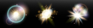 Şeffaf bir arkaplanda parlayan ve parlayan bir ışık efekti. Sihir, gökkuşağı parıltısı, parlayan ışık, yıldızlar, tasarım için optik alevler, fotomontaj, yeni yıl ve tatil projeleri.