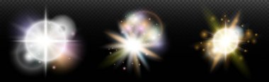 Şeffaf bir arkaplanda parlayan ve parlayan bir ışık efekti. Sihir, gökkuşağı parıltısı, parlayan ışık, yıldızlar, tasarım için optik alevler, fotomontaj, yeni yıl ve tatil projeleri.