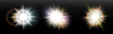 Şeffaf bir arkaplanda parlayan ve parlayan bir ışık efekti. Sihir, gökkuşağı parıltısı, parlayan ışık, yıldızlar, tasarım için optik alevler, fotomontaj, yeni yıl ve tatil projeleri.