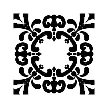 Karmaşık siyah desenli, simetrik süs desenli linocut tarzında. Grunge desenli fayans şekli. vektör ögesi