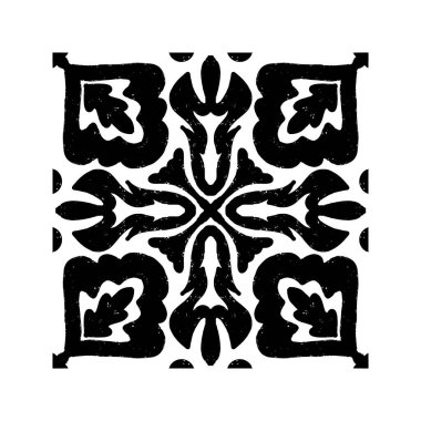 Karmaşık siyah desenli, simetrik süs desenli linocut tarzında. Grunge desenli fayans şekli. vektör ögesi