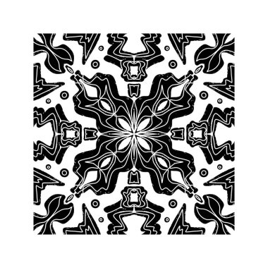 Karmaşık siyah desenli, simetrik süs desenli linocut tarzında. Grunge desenli fayans şekli. vektör ögesi