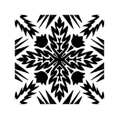 Karmaşık siyah desenli, simetrik süs desenli linocut tarzında. Grunge desenli fayans şekli. vektör ögesi