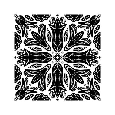 Karmaşık siyah desenli, simetrik süs desenli linocut tarzında. Grunge desenli fayans şekli. vektör ögesi