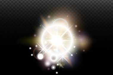 İşaret fişeği ve şeffaf bir arkaplanda parlayan ışık efekti. Sihirli parıltı, parlayan ışık, yıldız, tasarım için optik parlamalar, fotomontaj, yeni yıl ve festival projeleri.