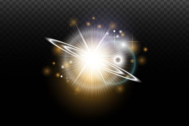 İşaret fişeği ve şeffaf bir arkaplanda parlayan ışık efekti. Sihirli parıltı, parlayan ışık, yıldız, tasarım için optik parlamalar, fotomontaj, yeni yıl ve festival projeleri.