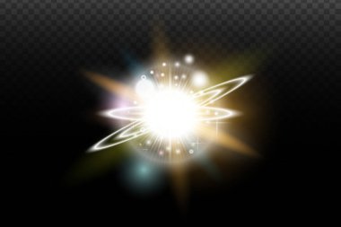 İşaret fişeği ve şeffaf bir arkaplanda parlayan ışık efekti. Sihirli parıltı, parlayan ışık, yıldız, tasarım için optik parlamalar, fotomontaj, yeni yıl ve festival projeleri.