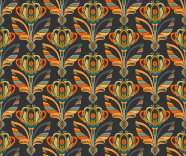 Crocus. Dekoratif çiçekler ve folklorik sanat tarzında yapraklarla kusursuz çiçek deseni. Geleneksel motiflerden esinlenilmiş klasik süsleme baskısı. Tekstil, duvar kağıdı ve kırtasiye için ideal.