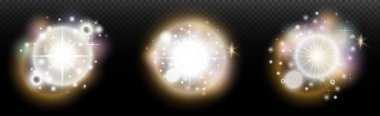 Şeffaf bir arkaplanda parlayan ve parlayan bir ışık efekti. Sihir, gökkuşağı parıltısı, parlayan ışık, yıldızlar, tasarım için optik alevler, fotomontaj, yeni yıl ve tatil projeleri.
