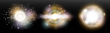 Şeffaf bir arkaplanda parlayan ve parlayan bir ışık efekti. Sihir, gökkuşağı parıltısı, parlayan ışık, yıldızlar, tasarım için optik alevler, fotomontaj, yeni yıl ve tatil projeleri.