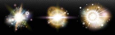 Şeffaf bir arkaplanda parlayan ve parlayan bir ışık efekti. Sihir, gökkuşağı parıltısı, parlayan ışık, yıldızlar, tasarım için optik alevler, fotomontaj, yeni yıl ve tatil projeleri.