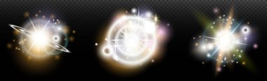 Şeffaf bir arkaplanda parlayan ve parlayan bir ışık efekti. Sihir, gökkuşağı parıltısı, parlayan ışık, yıldızlar, tasarım için optik alevler, fotomontaj, yeni yıl ve tatil projeleri.