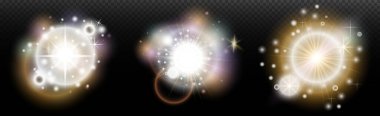 Şeffaf bir arkaplanda parlayan ve parlayan bir ışık efekti. Sihir, gökkuşağı parıltısı, parlayan ışık, yıldızlar, tasarım için optik alevler, fotomontaj, yeni yıl ve tatil projeleri.