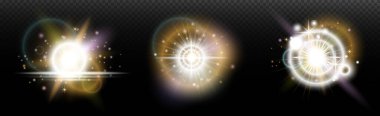 Şeffaf bir arkaplanda parlayan ve parlayan bir ışık efekti. Sihir, gökkuşağı parıltısı, parlayan ışık, yıldızlar, tasarım için optik alevler, fotomontaj, yeni yıl ve tatil projeleri.