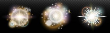 Şeffaf bir arkaplanda parlayan ve parlayan bir ışık efekti. Sihir, gökkuşağı parıltısı, parlayan ışık, yıldızlar, tasarım için optik alevler, fotomontaj, yeni yıl ve tatil projeleri.