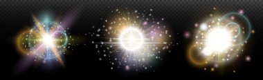 Şeffaf bir arkaplanda parlayan ve parlayan bir ışık efekti. Sihir, gökkuşağı parıltısı, parlayan ışık, yıldızlar, tasarım için optik alevler, fotomontaj, yeni yıl ve tatil projeleri.