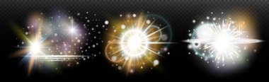 Şeffaf bir arkaplanda parlayan ve parlayan bir ışık efekti. Sihir, gökkuşağı parıltısı, parlayan ışık, yıldızlar, tasarım için optik alevler, fotomontaj, yeni yıl ve tatil projeleri.