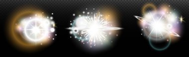 Şeffaf bir arkaplanda parlayan ve parlayan bir ışık efekti. Sihir, gökkuşağı parıltısı, parlayan ışık, yıldızlar, tasarım için optik alevler, fotomontaj, yeni yıl ve tatil projeleri.