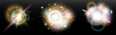 Şeffaf bir arkaplanda parlayan ve parlayan bir ışık efekti. Sihir, gökkuşağı parıltısı, parlayan ışık, yıldızlar, tasarım için optik alevler, fotomontaj, yeni yıl ve tatil projeleri.