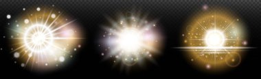 Şeffaf bir arkaplanda parlayan ve parlayan bir ışık efekti. Sihir, gökkuşağı parıltısı, parlayan ışık, yıldızlar, tasarım için optik alevler, fotomontaj, yeni yıl ve tatil projeleri.
