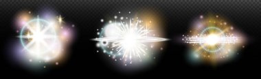 Şeffaf bir arkaplanda parlayan ve parlayan bir ışık efekti. Sihir, gökkuşağı parıltısı, parlayan ışık, yıldızlar, tasarım için optik alevler, fotomontaj, yeni yıl ve tatil projeleri.
