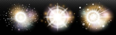 Şeffaf bir arkaplanda parlayan ve parlayan bir ışık efekti. Sihir, gökkuşağı parıltısı, parlayan ışık, yıldızlar, tasarım için optik alevler, fotomontaj, yeni yıl ve tatil projeleri.