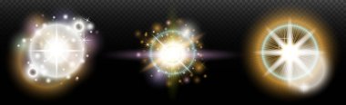 Şeffaf bir arkaplanda parlayan ve parlayan bir ışık efekti. Sihir, gökkuşağı parıltısı, parlayan ışık, yıldızlar, tasarım için optik alevler, fotomontaj, yeni yıl ve tatil projeleri.
