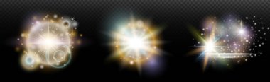Şeffaf bir arkaplanda parlayan ve parlayan bir ışık efekti. Sihir, gökkuşağı parıltısı, parlayan ışık, yıldızlar, tasarım için optik alevler, fotomontaj, yeni yıl ve tatil projeleri.