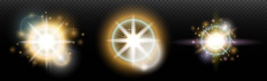 Şeffaf bir arkaplanda parlayan ve parlayan bir ışık efekti. Sihir, gökkuşağı parıltısı, parlayan ışık, yıldızlar, tasarım için optik alevler, fotomontaj, yeni yıl ve tatil projeleri.