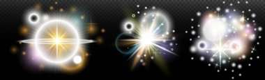 Şeffaf bir arkaplanda parlayan ve parlayan bir ışık efekti. Sihir, gökkuşağı parıltısı, parlayan ışık, yıldızlar, tasarım için optik alevler, fotomontaj, yeni yıl ve tatil projeleri.