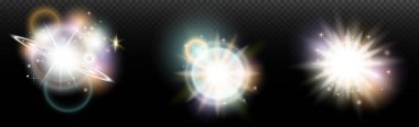 Şeffaf bir arkaplanda parlayan ve parlayan bir ışık efekti. Sihir, gökkuşağı parıltısı, parlayan ışık, yıldızlar, tasarım için optik alevler, fotomontaj, yeni yıl ve tatil projeleri.