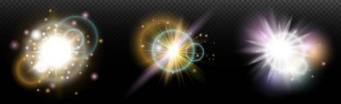 Şeffaf bir arkaplanda parlayan ve parlayan bir ışık efekti. Sihir, gökkuşağı parıltısı, parlayan ışık, yıldızlar, tasarım için optik alevler, fotomontaj, yeni yıl ve tatil projeleri.