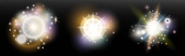 Şeffaf bir arkaplanda parlayan ve parlayan bir ışık efekti. Sihir, gökkuşağı parıltısı, parlayan ışık, yıldızlar, tasarım için optik alevler, fotomontaj, yeni yıl ve tatil projeleri.