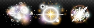 Şeffaf bir arkaplanda parlayan ve parlayan bir ışık efekti. Sihir, gökkuşağı parıltısı, parlayan ışık, yıldızlar, tasarım için optik alevler, fotomontaj, yeni yıl ve tatil projeleri.