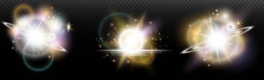 Şeffaf bir arkaplanda parlayan ve parlayan bir ışık efekti. Sihir, gökkuşağı parıltısı, parlayan ışık, yıldızlar, tasarım için optik alevler, fotomontaj, yeni yıl ve tatil projeleri.