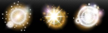 Şeffaf bir arkaplanda parlayan ve parlayan bir ışık efekti. Sihir, gökkuşağı parıltısı, parlayan ışık, yıldızlar, tasarım için optik alevler, fotomontaj, yeni yıl ve tatil projeleri.