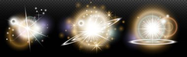 Şeffaf bir arkaplanda parlayan ve parlayan bir ışık efekti. Sihir, gökkuşağı parıltısı, parlayan ışık, yıldızlar, tasarım için optik alevler, fotomontaj, yeni yıl ve tatil projeleri.
