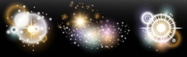 Şeffaf bir arkaplanda parlayan ve parlayan bir ışık efekti. Sihir, gökkuşağı parıltısı, parlayan ışık, yıldızlar, tasarım için optik alevler, fotomontaj, yeni yıl ve tatil projeleri.