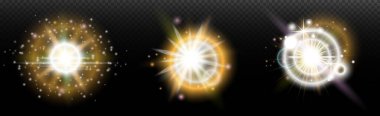 Şeffaf bir arkaplanda parlayan ve parlayan bir ışık efekti. Sihir, gökkuşağı parıltısı, parlayan ışık, yıldızlar, tasarım için optik alevler, fotomontaj, yeni yıl ve tatil projeleri.