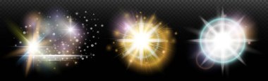Şeffaf bir arkaplanda parlayan ve parlayan bir ışık efekti. Sihir, gökkuşağı parıltısı, parlayan ışık, yıldızlar, tasarım için optik alevler, fotomontaj, yeni yıl ve tatil projeleri.