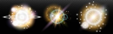 Şeffaf bir arkaplanda parlayan ve parlayan bir ışık efekti. Sihir, gökkuşağı parıltısı, parlayan ışık, yıldızlar, tasarım için optik alevler, fotomontaj, yeni yıl ve tatil projeleri.