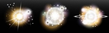 Şeffaf bir arkaplanda parlayan ve parlayan bir ışık efekti. Sihir, gökkuşağı parıltısı, parlayan ışık, yıldızlar, tasarım için optik alevler, fotomontaj, yeni yıl ve tatil projeleri.