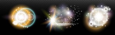 Şeffaf bir arkaplanda parlayan ve parlayan bir ışık efekti. Sihir, gökkuşağı parıltısı, parlayan ışık, yıldızlar, tasarım için optik alevler, fotomontaj, yeni yıl ve tatil projeleri.