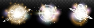 Şeffaf bir arkaplanda parlayan ve parlayan bir ışık efekti. Sihir, gökkuşağı parıltısı, parlayan ışık, yıldızlar, tasarım için optik alevler, fotomontaj, yeni yıl ve tatil projeleri.