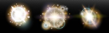 Şeffaf bir arkaplanda parlayan ve parlayan bir ışık efekti. Sihir, gökkuşağı parıltısı, parlayan ışık, yıldızlar, tasarım için optik alevler, fotomontaj, yeni yıl ve tatil projeleri.