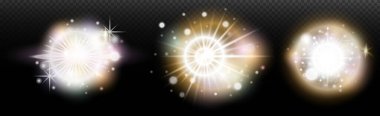 Şeffaf bir arkaplanda parlayan ve parlayan bir ışık efekti. Sihir, gökkuşağı parıltısı, parlayan ışık, yıldızlar, tasarım için optik alevler, fotomontaj, yeni yıl ve tatil projeleri.