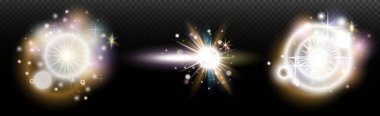 Şeffaf bir arkaplanda parlayan ve parlayan bir ışık efekti. Sihir, gökkuşağı parıltısı, parlayan ışık, yıldızlar, tasarım için optik alevler, fotomontaj, yeni yıl ve tatil projeleri.