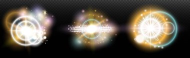 Şeffaf bir arkaplanda parlayan ve parlayan bir ışık efekti. Sihir, gökkuşağı parıltısı, parlayan ışık, yıldızlar, tasarım için optik alevler, fotomontaj, yeni yıl ve tatil projeleri.